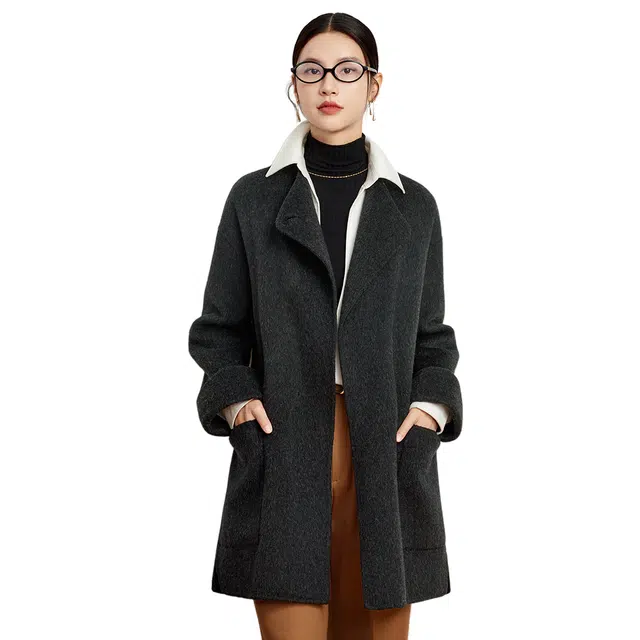 富铤 纯色格蕾系口袋翻边双面呢大衣 女款 黑灰