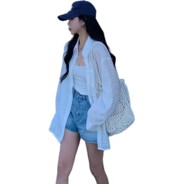 水中花 韩系防晒宽松慵懒风衬衣休闲外套上衣长袖衬衫 女款