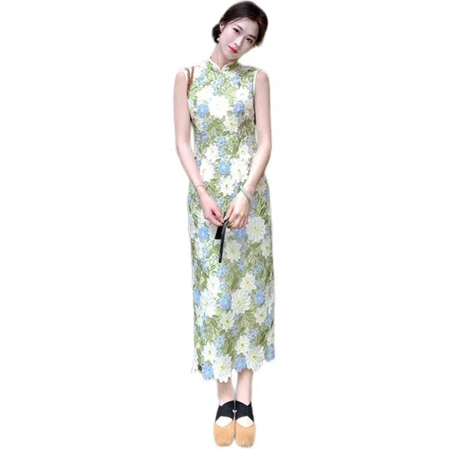 沐晓欣 新中式改良旗袍碎花蕾丝无袖连衣裙 女款