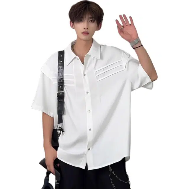 单爵 褶皱薄款冰丝防晒轻奢高级感痞帅短袖衬衫 男女同款