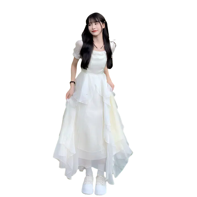 识恩 荷叶边法式温柔风收腰简约舒适短袖连衣裙 女款