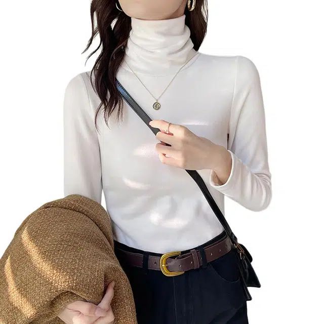 黑恐龙 气质内搭加绒加厚纯色修身叠穿保暖内搭羊绒衫 女款 白色