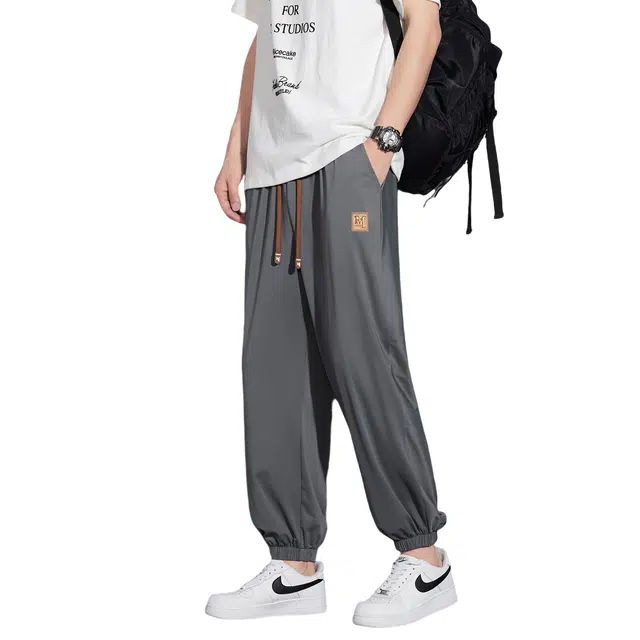 哲源 美式潮牌复古简约小众设计系带皮标冰感舒适透气宽松垂感薄款舒适亲肤百搭直筒束脚长裤休闲裤 男女同款