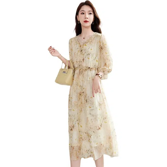 水墨佳人 桑蚕丝高端减龄轻奢碎花优雅气质通勤中长短袖连衣裙 女款