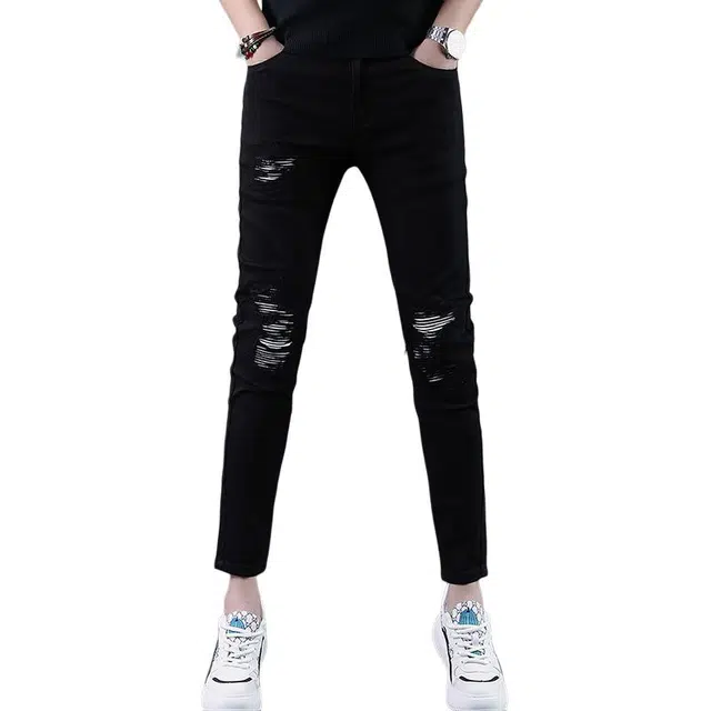 吉肯蒂 破洞九分裤修身韩版休闲牛仔裤 男款