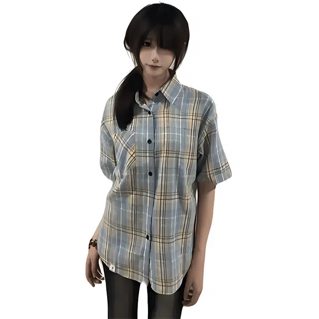 单爵 撞色格子夏季潮牌高级感痞帅衬衣短袖衬衫 男女同款