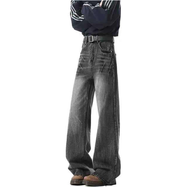 沃马 休闲美式高街拼接弯刀水洗感闪电纹设计中腰通勤垂感牛仔裤 男女同款