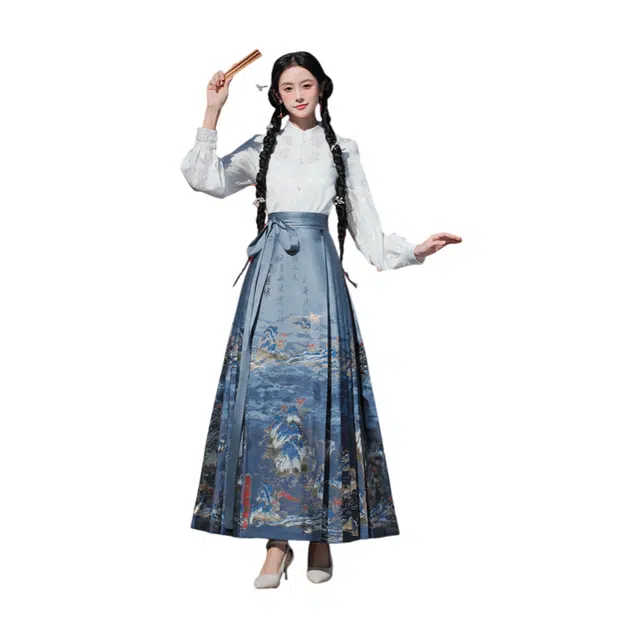 荟萃阁 新中式立领刺绣盘扣上衣衬衫一片式妆花印花百褶马面裙两件套裙装套装 女款