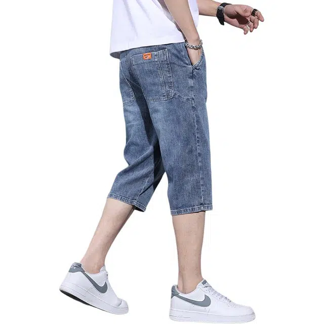 么宁 夏季薄款潮流时尚合身直筒七分裤简约百搭舒适透气弹力休闲个性痞帅牛仔短裤 男女同款