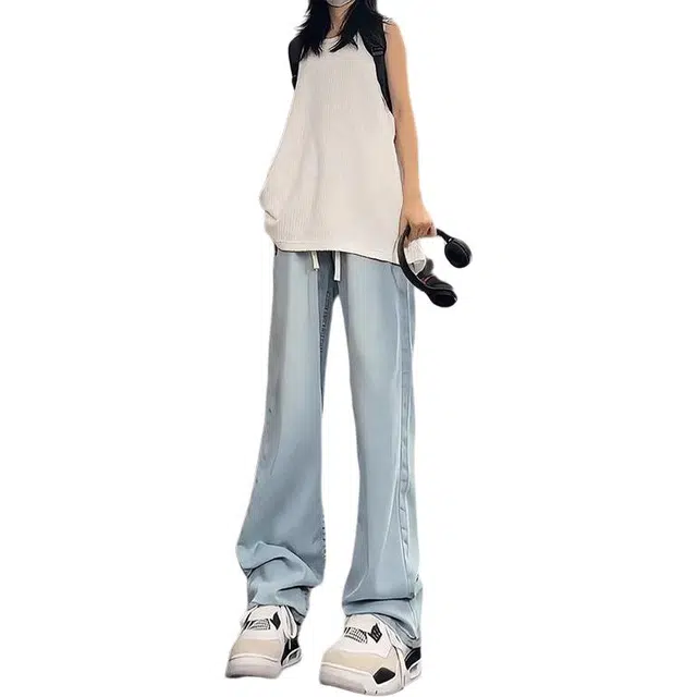 单爵 浅蓝色夏季薄款直筒宽松潮牌美式复古冰丝牛仔裤 男女同款