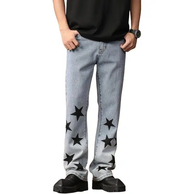 宝米卡 满天星美式印花潮牌高街宽松直筒牛仔裤 男女同款