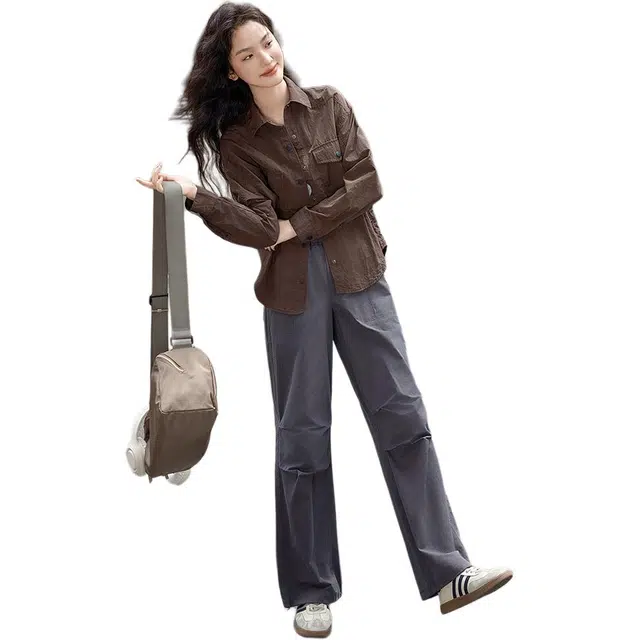 潞优野 慵懒风舒适翻领宽松休闲松弛显瘦外套长袖衬衫 女款 棕色