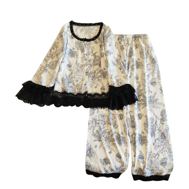 俏韵 圆领春秋梭织天丝棉长袖开衫甜美宽松休闲家居服可外穿睡衣套装 女款