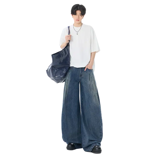 宝米卡 水洗做旧春夏美式高街脏染设计长裤宽松阔腿牛仔裤 男女同款 脏染蓝牛