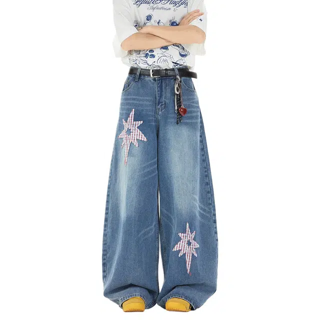 佐菲利 美式高街复古水洗星星贴布国风刺绣设计感高腰宽松直筒牛仔裤 男女同款