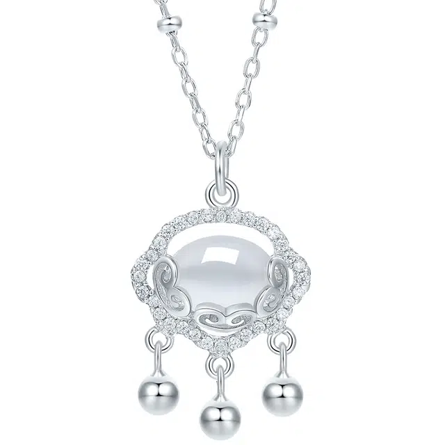 世纪缘珠宝 小众设计 平安喜乐 国潮新中式 吉祥平安锁#好运 玻璃猫眼 玉石项链 女款