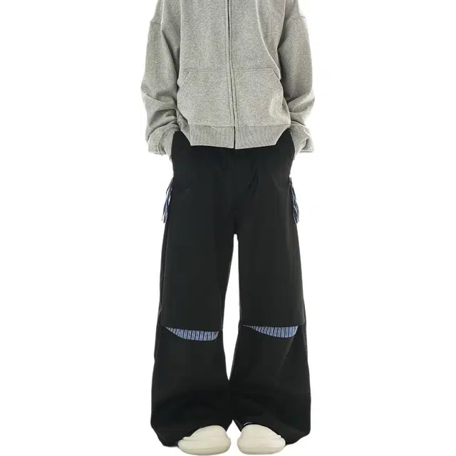 极限涡轮 复古小众设计破口拼接条纹绑带阔腿慵懒松弛感牛仔裤 男女同款