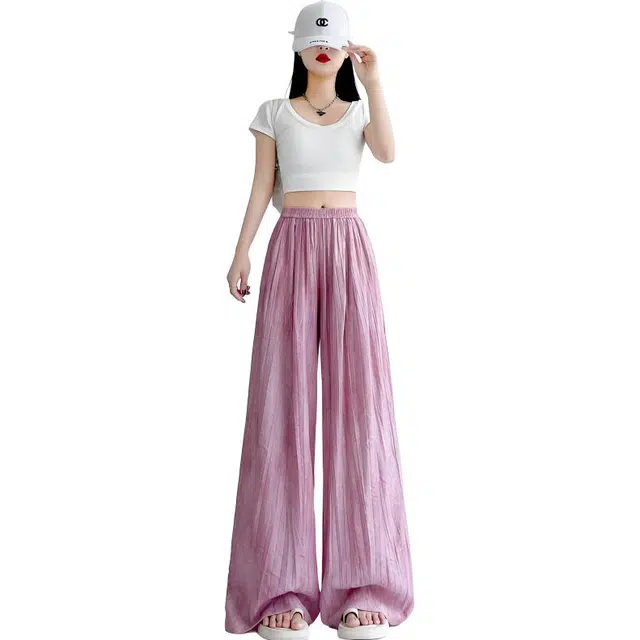 水中花 实拍现货夏季显瘦百搭韩版水墨印染褶皱凉凉裤长裤女生休闲裤 女款