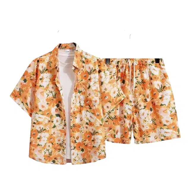 木木兔 美式五分袖上衣短袖穿搭一套潮流帅气花色沙滩休闲运动套装 男女同款