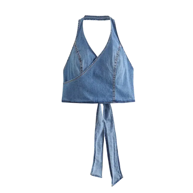 识恩 欧美风时尚休闲百搭简约露背挂脖领蝴蝶结牛仔短上衣抹胸 女款