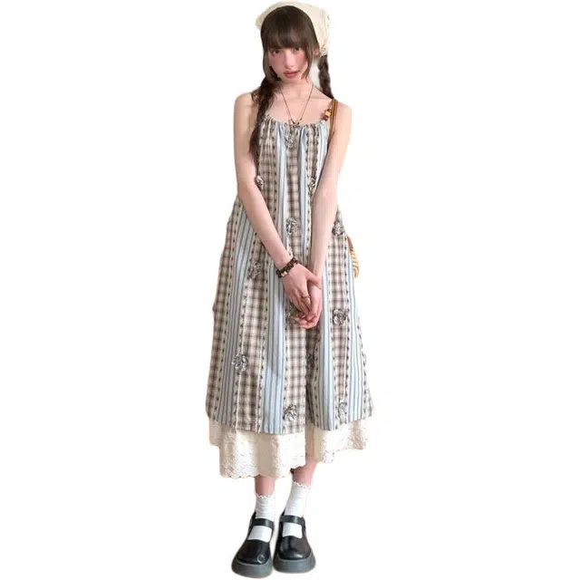 哒头下雨不愁 度假风套装复古设计感格纹叠穿吊带连衣裙 女款