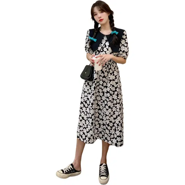 哒头下雨不愁 法式赫本风娃娃领收腰显瘦长裙短袖连衣裙 女款