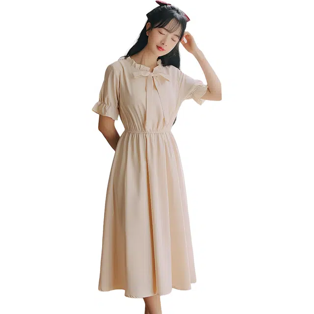 哒头下雨不愁 森系初恋裙复古法式学院风收腰甜美中长款裙子短袖连衣裙 女款
