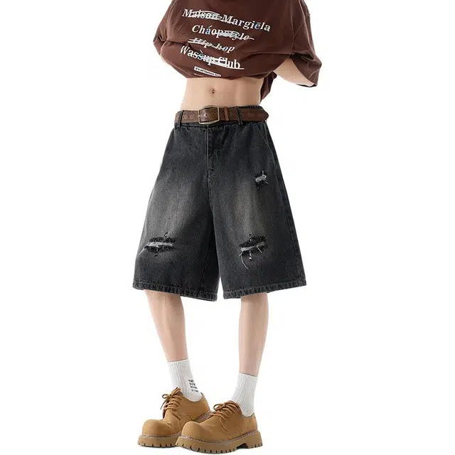 颂希尔 美式百搭青少年休闲大码五分牛仔短裤 男女同款