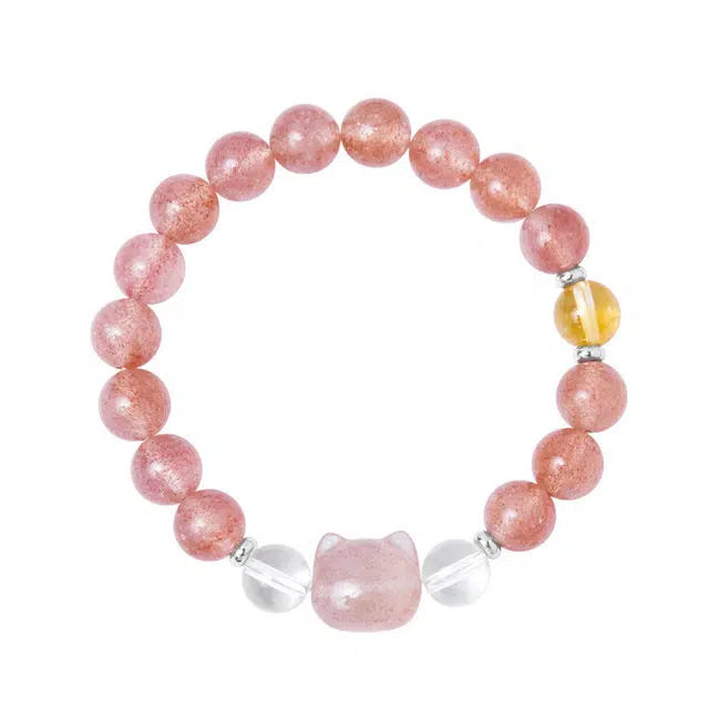 宣华意 新中式清新甜美风高级感气质可爱猫咪#好运 草莓晶 手串 女款