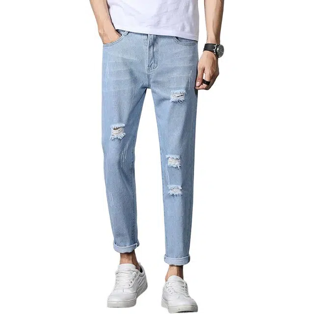 吉肯蒂 夏季薄款潮牌宽松小脚休闲破洞九分牛仔裤 男款