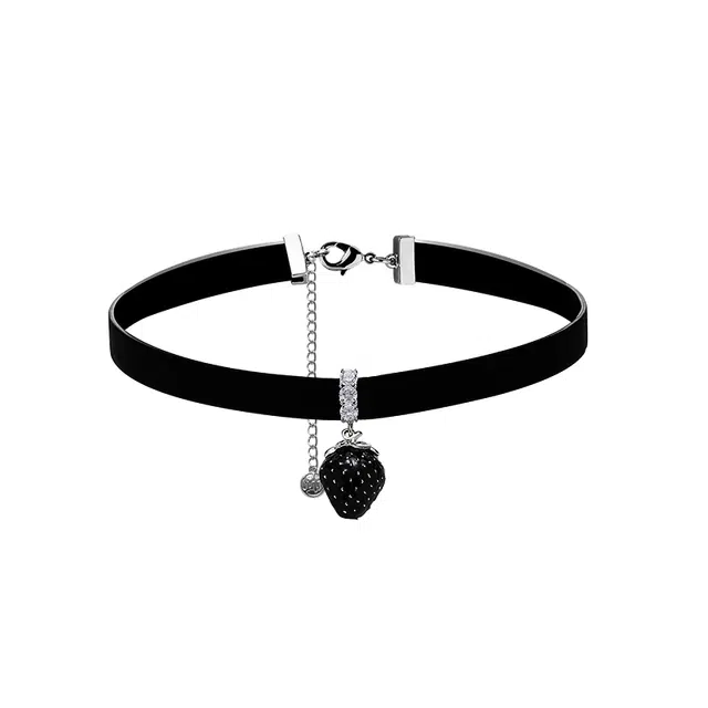 暖瞳 黑色草莓几何设计甜酷辣妹潮酷轻奢小众韩版简约时尚个性颈链 合金+滴油+人造皮革+玻璃 项链 女款