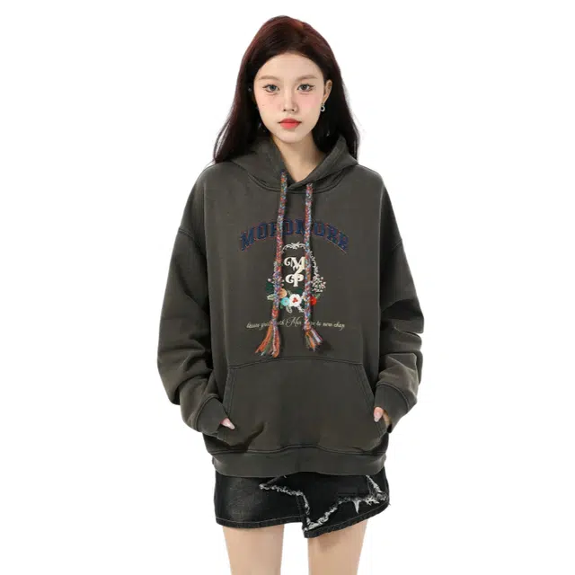 柏黛妃 舒适简约字母刺绣连帽设计感加绒加厚重磅长袖卫衣 女款 灰色