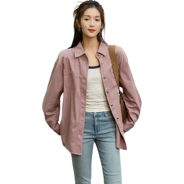 【dme】 休闲纯色翻领长袖衬衫 女款 灰粉