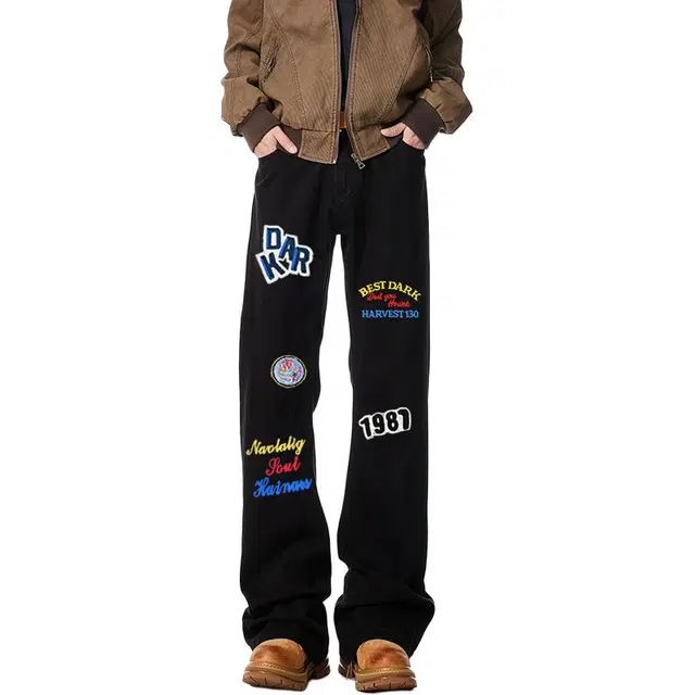 物质公式 微喇弯刀水洗做旧废土风仿万针刺绣趣味字母数字印花设计炸街窄版高腰美式复古高街显瘦修身通勤垂感阔腿直筒牛仔裤 男女同款