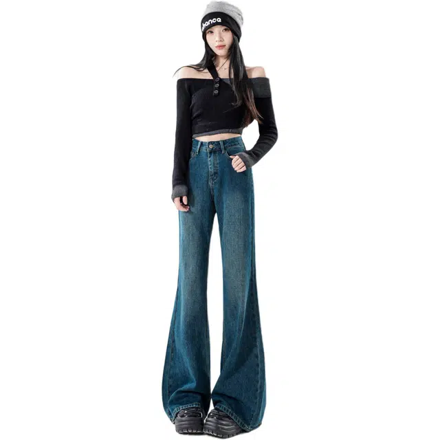 玫丝朵 微喇叭高腰舒适柔软百搭牛仔裤 女款 蓝色