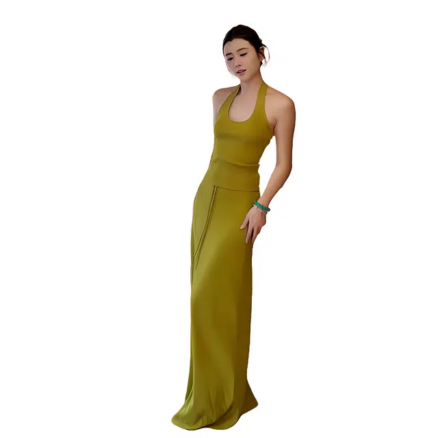 水中花 法式优雅性感无袖挂脖纯色背心上衣高级感百搭半身裙裙装套装 女款