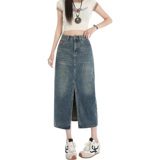 玫丝朵 高腰垂顺前开叉半身裙皮牌包臀复古百搭简约牛仔长裙 女款