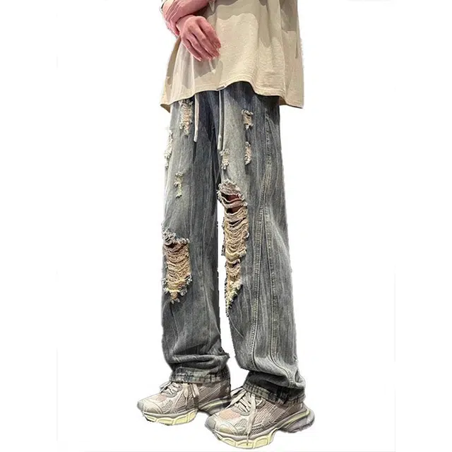 单爵 高街乞丐破洞薄款高腰显瘦直筒裤裤子牛仔裤 男女同款