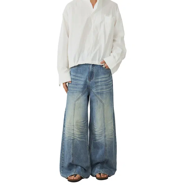 帝狼牛 美式做旧宽松复古牛仔裤 男女同款