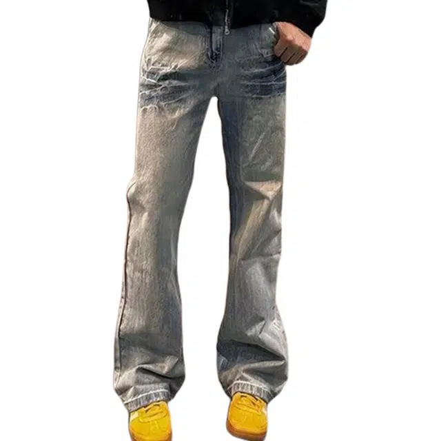 拓菲 时尚水洗闪电纹高街痞帅潮流百搭直筒弯刀牛仔裤 男女同款