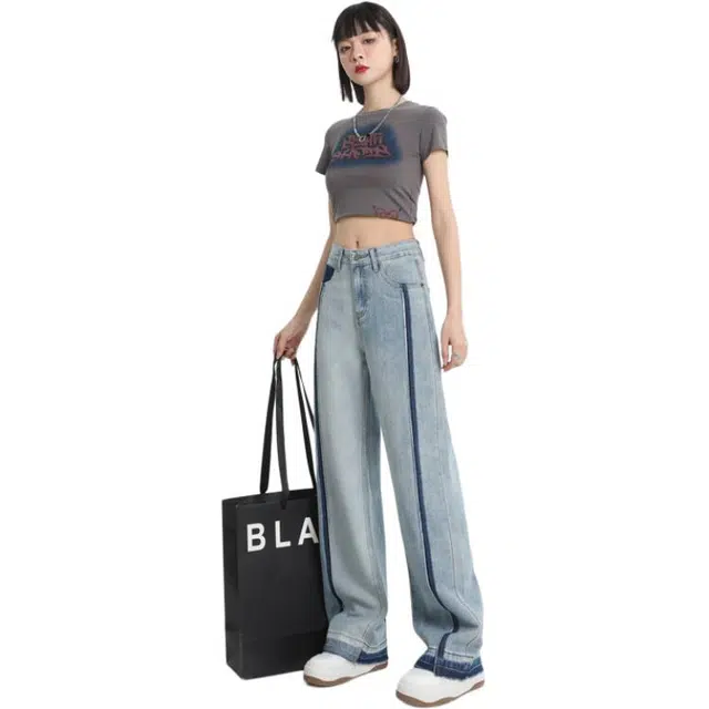 玫丝朵 美式明线设计感宽松阔腿拖地牛仔裤 女款 蓝色