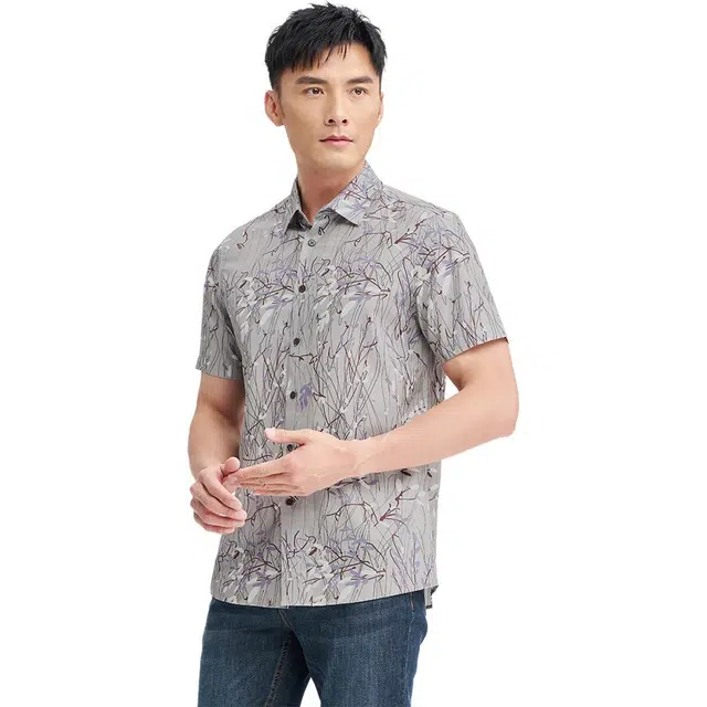 才子 透气夏季薄款植物花卉短袖修身衬衫 男款