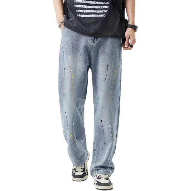 宝米卡 美式潮牌泼墨宽松直筒休闲长裤子牛仔裤 男女同款