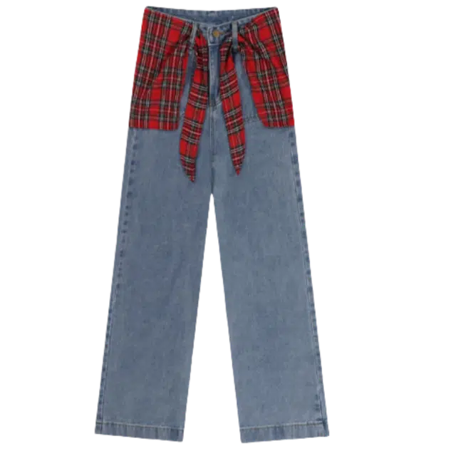 北极绒 大码假两件格子可拆卸美式复古宽松长裤潮流牛仔裤 女款