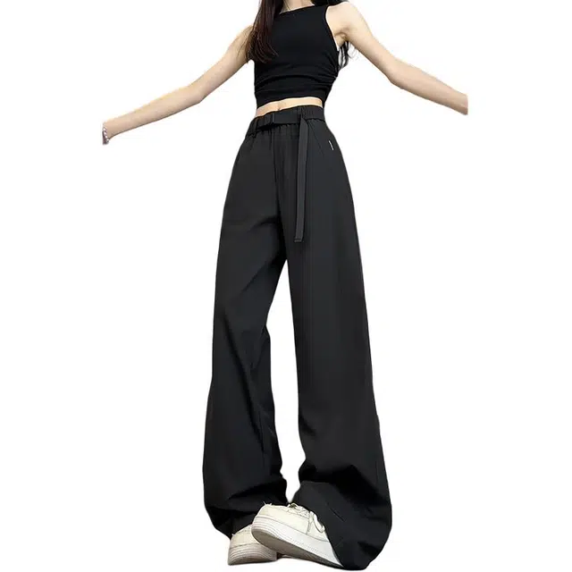如续 高弹力冰丝速干学院风腰带扣松紧腰设计凉感透气纯色垂坠感拖地直筒西装裤宽松百搭阔腿运动裤休闲裤 女款