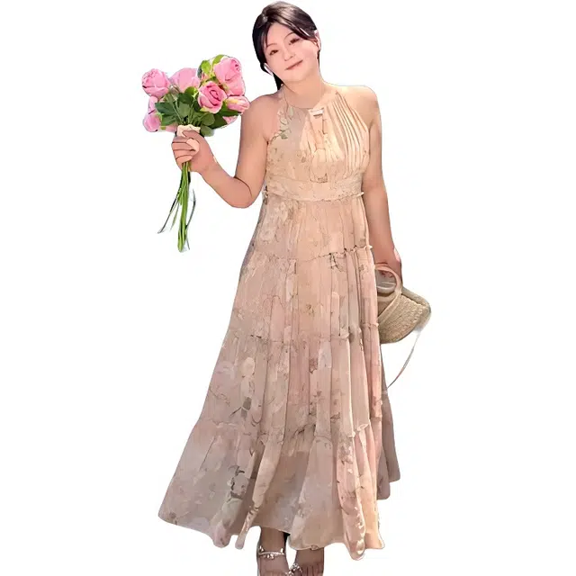 哒头下雨不愁 碎花吊带裙高腰简约设计感无袖连衣裙 女款