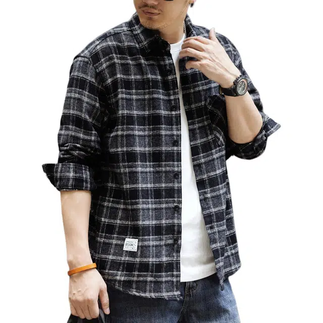 格蓝鹿 潮牌休闲美式格子长袖衬衣外套衬衫 男女同款