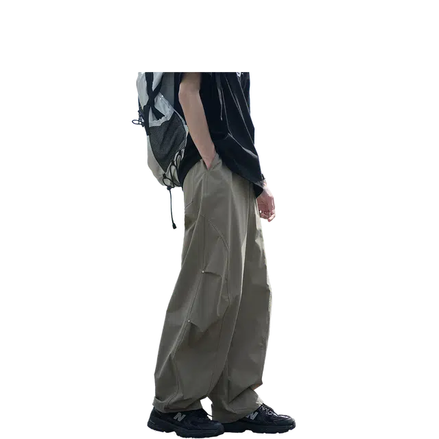 港仔文艺男 拼接解构褶皱铆钉设计薄款速干纯色运动美式阔腿垂感直筒裤百搭宽松简约休闲裤 男女同款