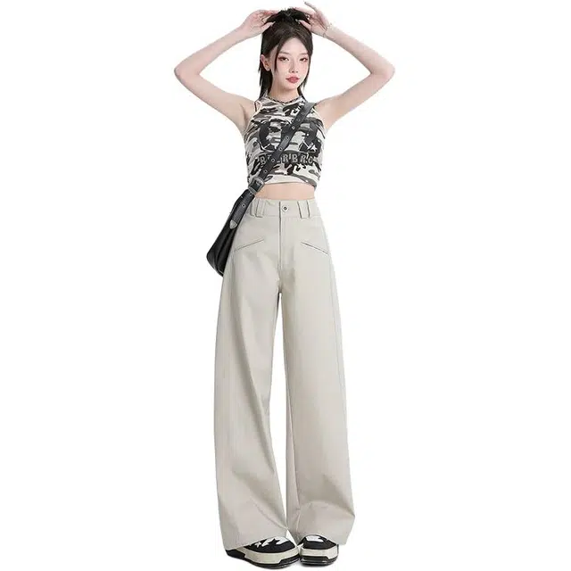 玫丝朵 简约纯色高腰宽松直筒垂感阔腿休闲裤 女款