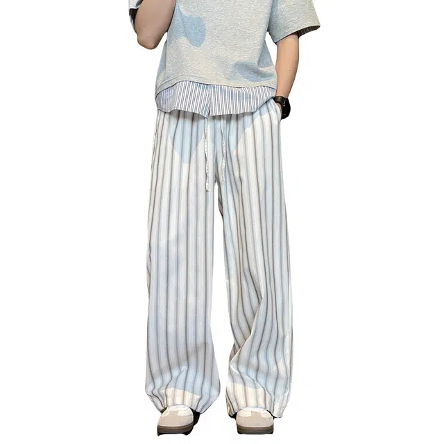 哲源 美式复古潮流条纹小众设计感拼接阔脚宽松薄款舒适拖地透气垂感直筒慵懒风运动长裤休闲裤 男女同款